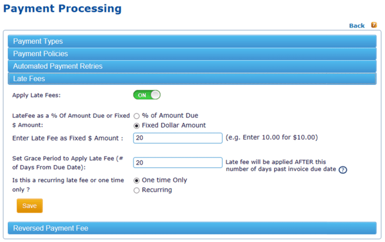 Customizable late fee and grace period configurations of ReliaBills software