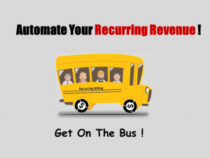 A yellow bus that represents recurring billing software and business owners riding in it represents the user of the software