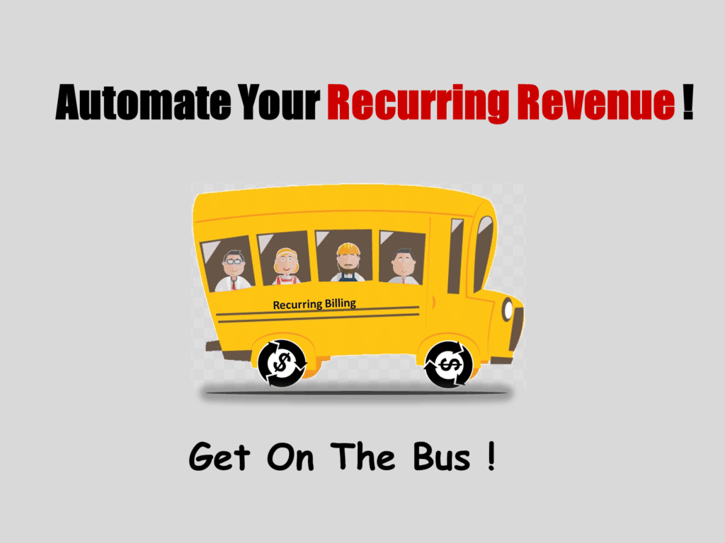 A yellow bus that represents recurring billing software and business owners riding in it represents the user of the software