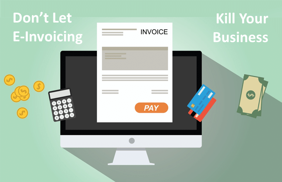 A presentation of not letting your business killed by e-invoicing with calculator, credit and debit cards and money as the concept