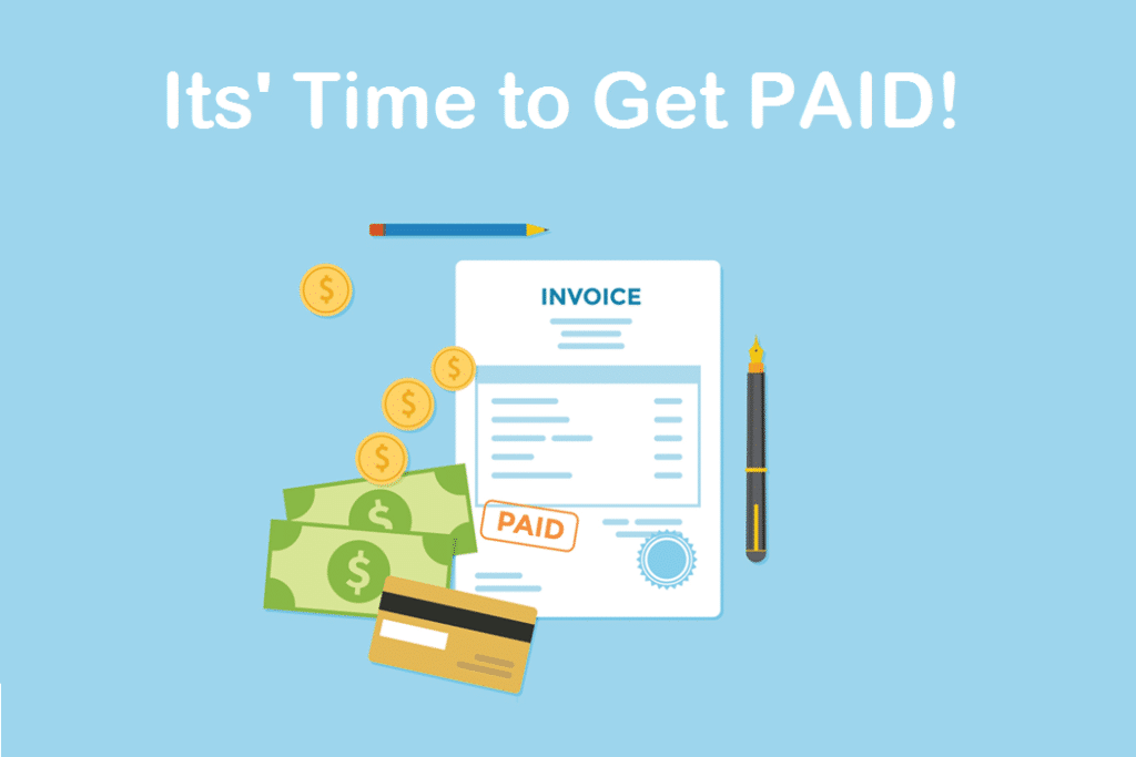 A presentation of getting paid with invoice, coins, dollar bills, cards as the concept
