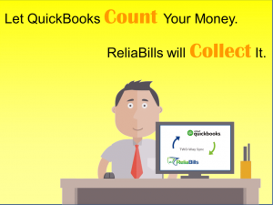 An animated person showing the possibilites of QuickBooks counting your money while ReliaBills collect it