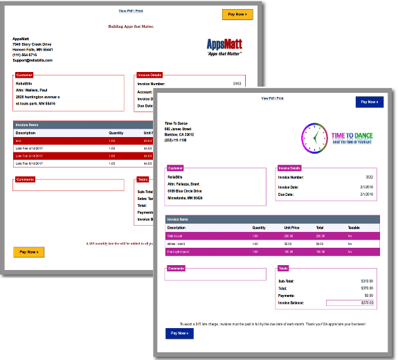 A preview of ReliaBills invoice layouts where you can customize your invoice