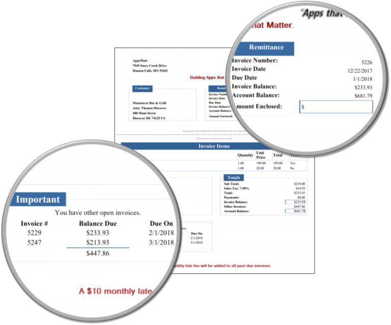 A preview of ReliaBills invoicing features showing the balance due and amount enclosed