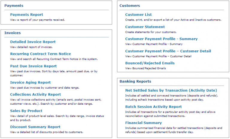 A preview of ReliaBills features such as payment report, invoice report, customers report and banking reports