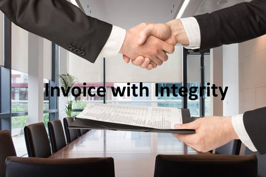 Two hands holding each other in agreement and another hand holding the invoice that represents the polite way to get paid for small business