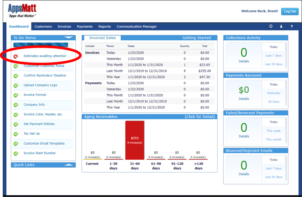 Estimated awaiting attention section where you can view your estimates awaiting approval