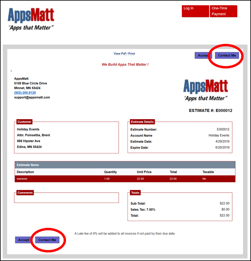 Contact Me Button is available for customers if they want to reject an estimate
