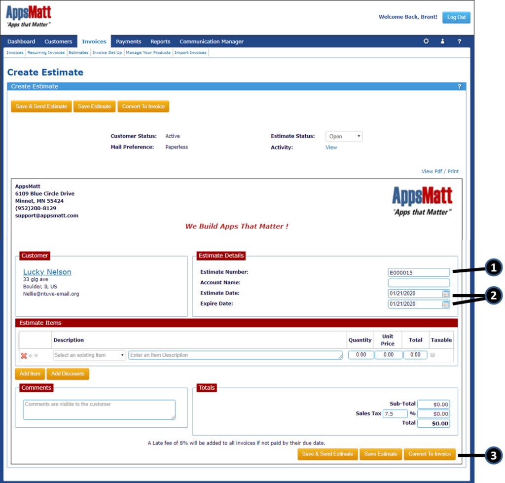 A page where you can create new estimate, customized it and send to your customers