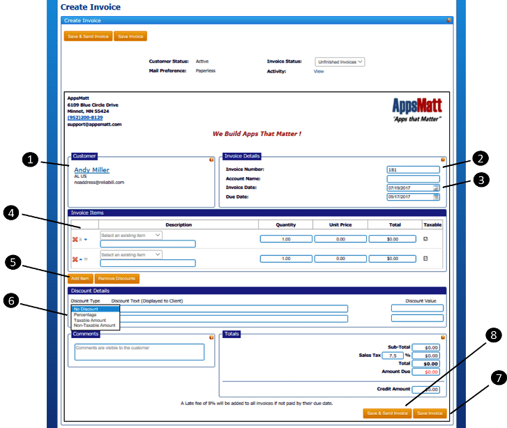 A popup window where you can create an invoice to your customer