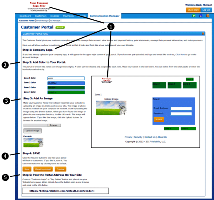 A preview of customer portal dashboard where you can add customers information