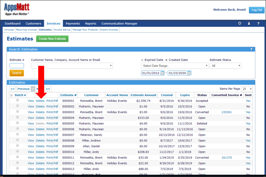 Deleting an estimate by just viewing the Estimates page and clicking the Delete hyperlink