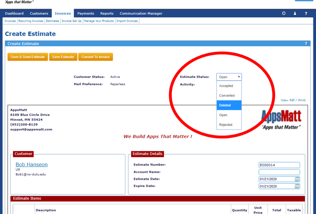 Deleting an estimate using the dropdown option, select delete and click save