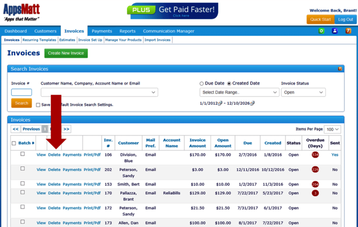 Search the customer in the search box, and then clicking the Delete hyperlink will delete the invoice