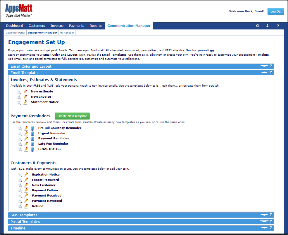 Create new email templates, set up your invoices, estimates, and statements in the Email Templates section of ReliaBills