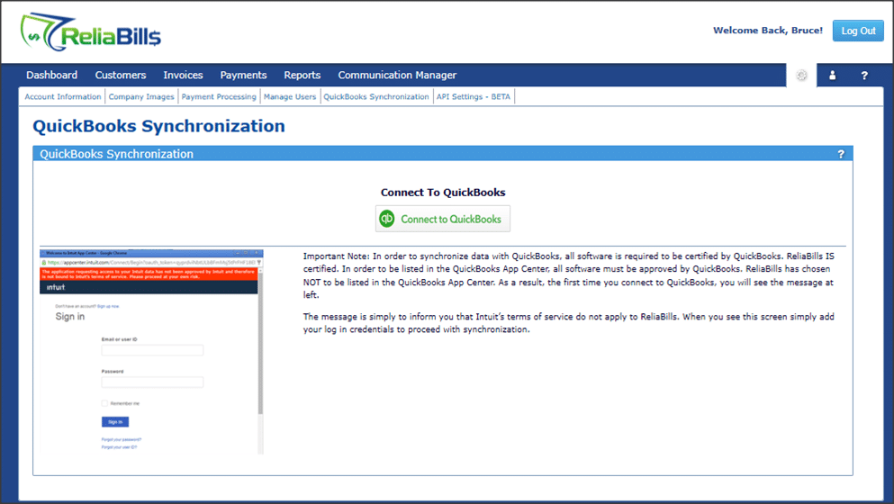 A Connect to QuickBooks button where you are redirected to the login page of intuit dashboard