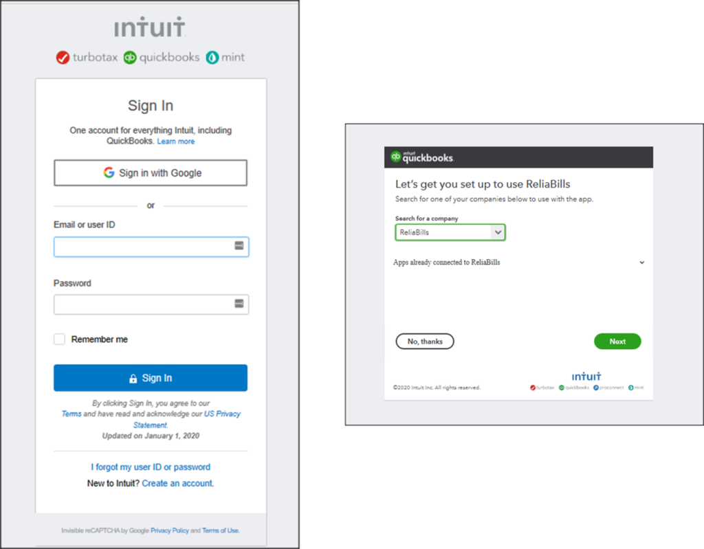 Setup page of QuickBooks where you can synchronize your QuickBooks to ReliaBills