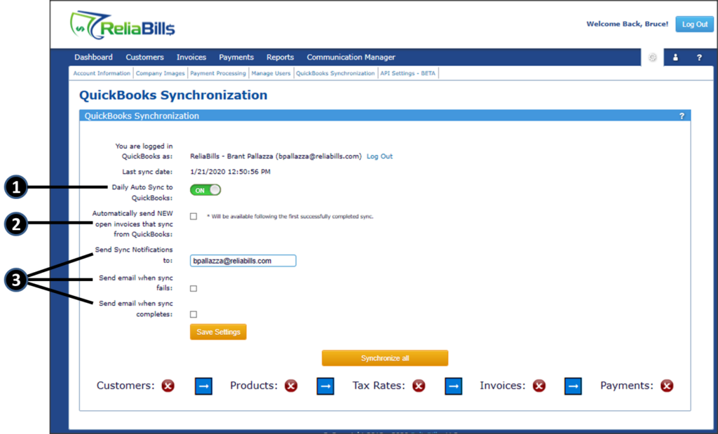 QuickBooks Sync section where you have the option to auto sync your QB to ReliaBills or manually