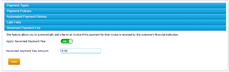 The Reversed Payment Fee feature allows you to add a fee to an invoice if the payment for that invoice is reversed