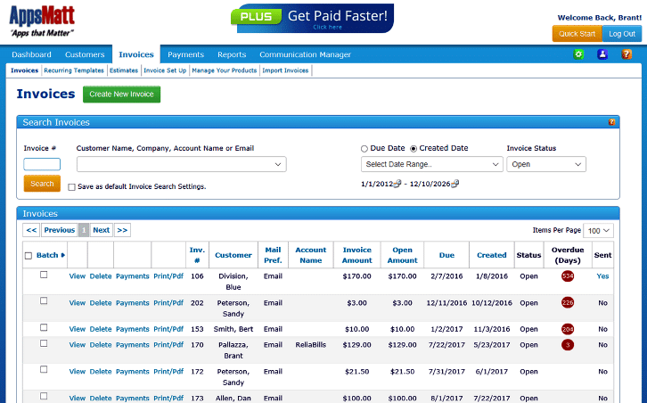 In this dashboard you can search your invoices by using the search box to find your customers