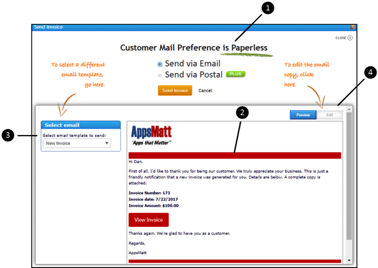 A popup window where you can select an email template to send to your customers via email or postal