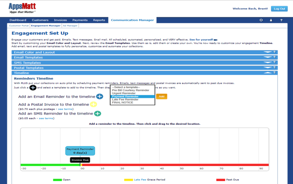 A reminders timeline where you can set the schedule of the invoices sent