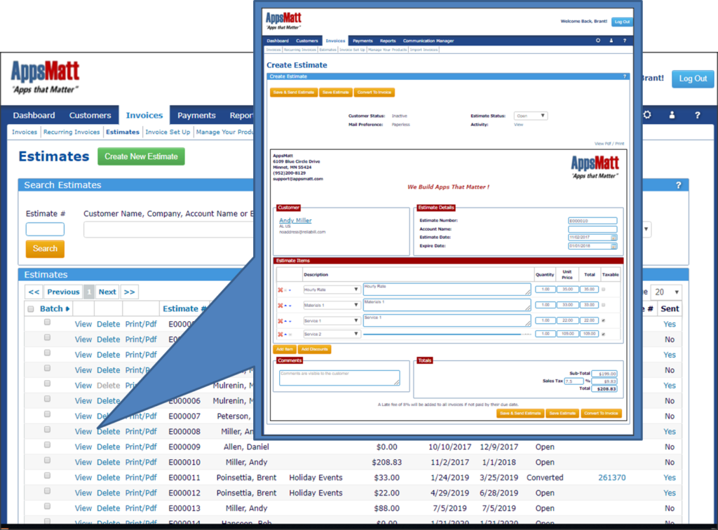 A preview when you view an estimate on the Estimates page