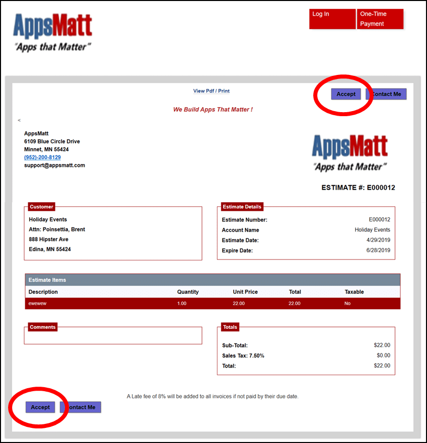 Accept Button is available for customers if they want to accept the estimate