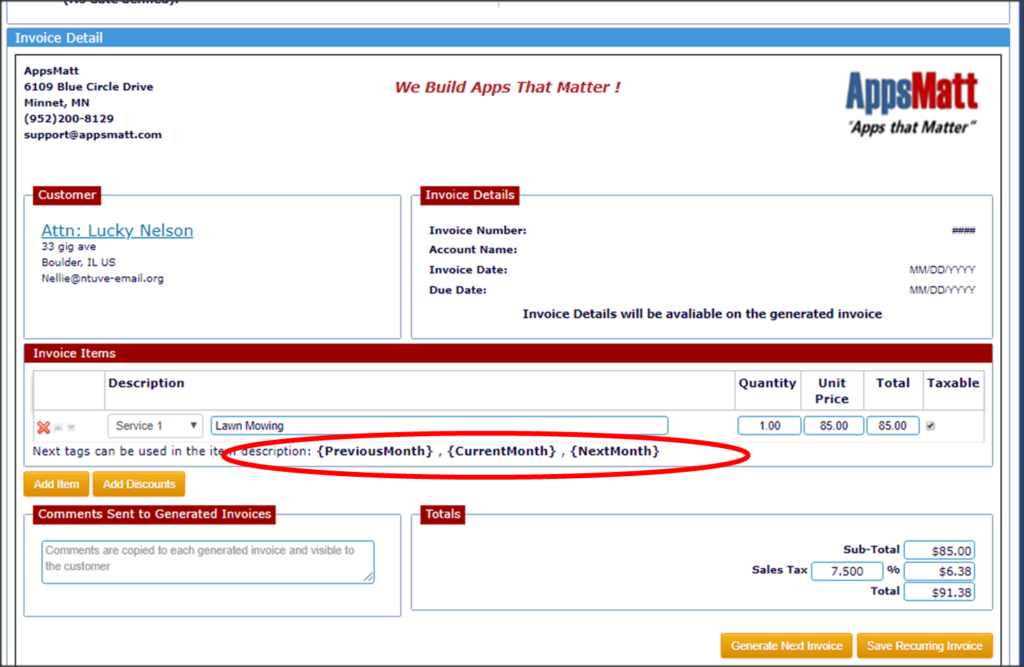 Date tags you can use when doing recurring invoices