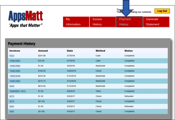 In the Customer portal section, you can view your invoices and payments from previous months in the Payment History tab