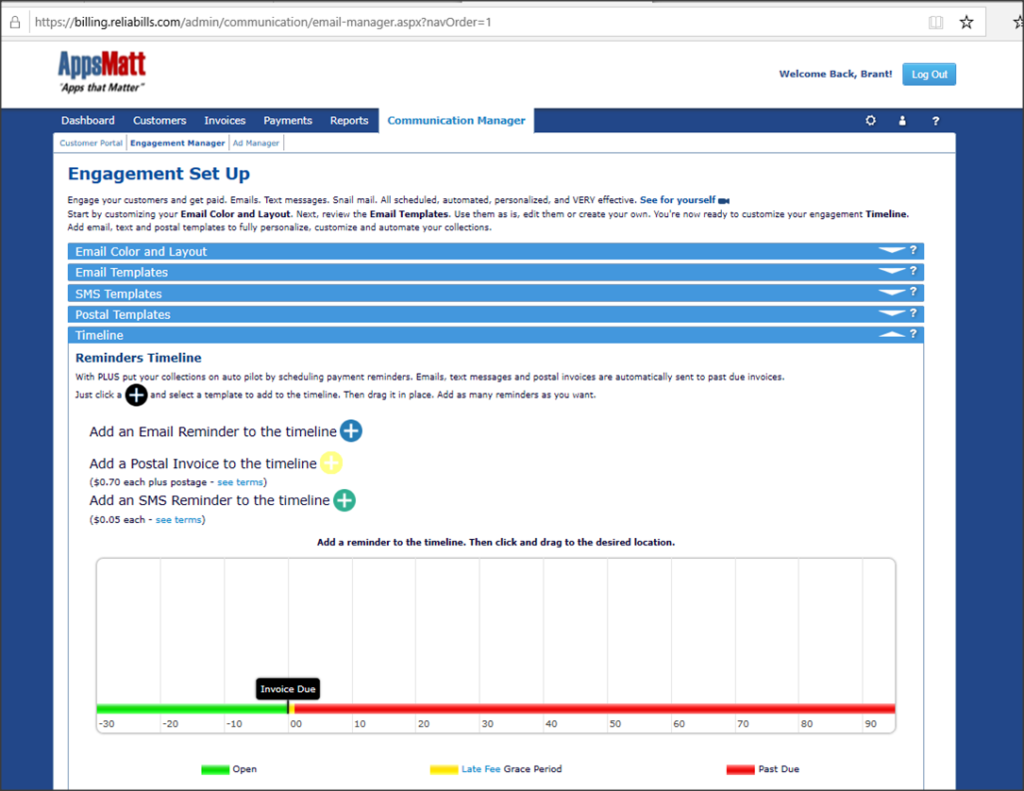 Engagement Set Up dashboard of ReliaBills where you can set payment reminders for due invoices