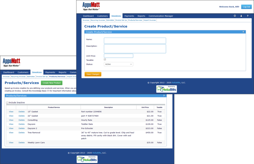 Products and Services Dashboard of ReliaBills