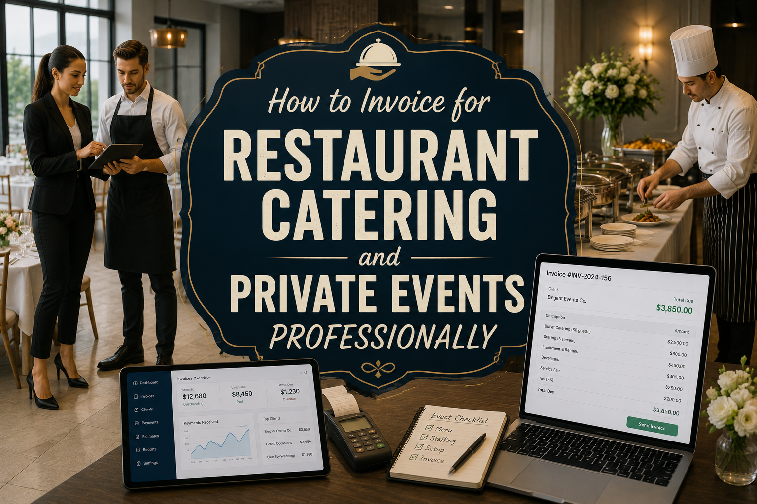 What should a restaurant catering invoice template for private events include? Click here to learn how to create professional invoices.