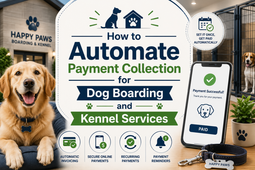 Learn how to automate dog boarding payments for boarding and kennel services, including recurring billing and payment collection.