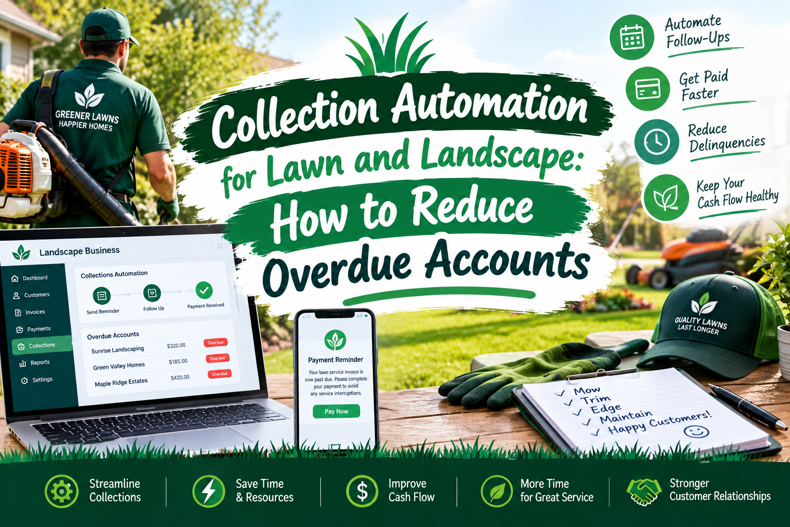 Learn how lawn care collection automation reduces overdue accounts and streamlines payment follow-ups for lawn and landscape businesses.